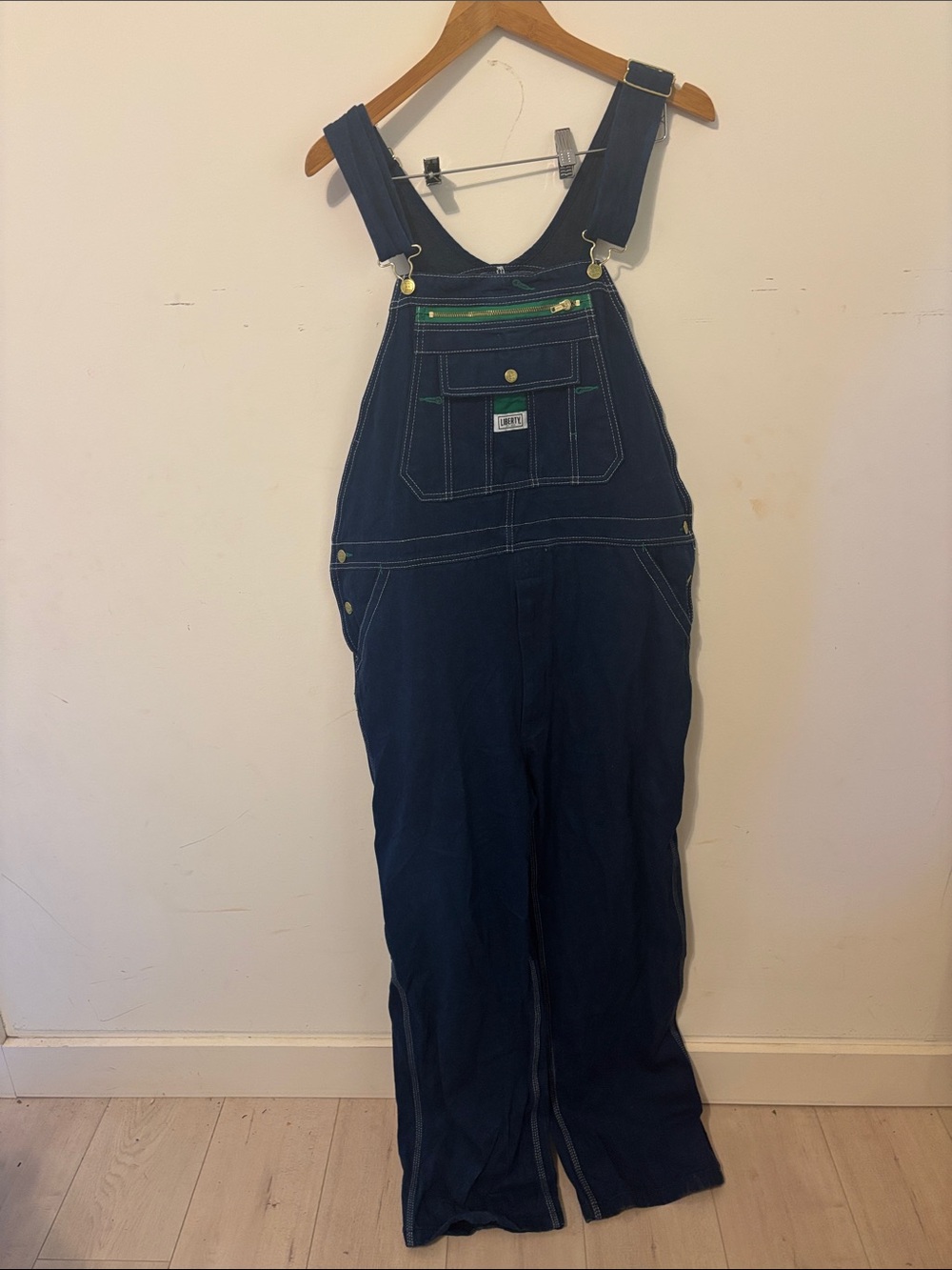 Liberty Blue Denim Overalls with Green Accent